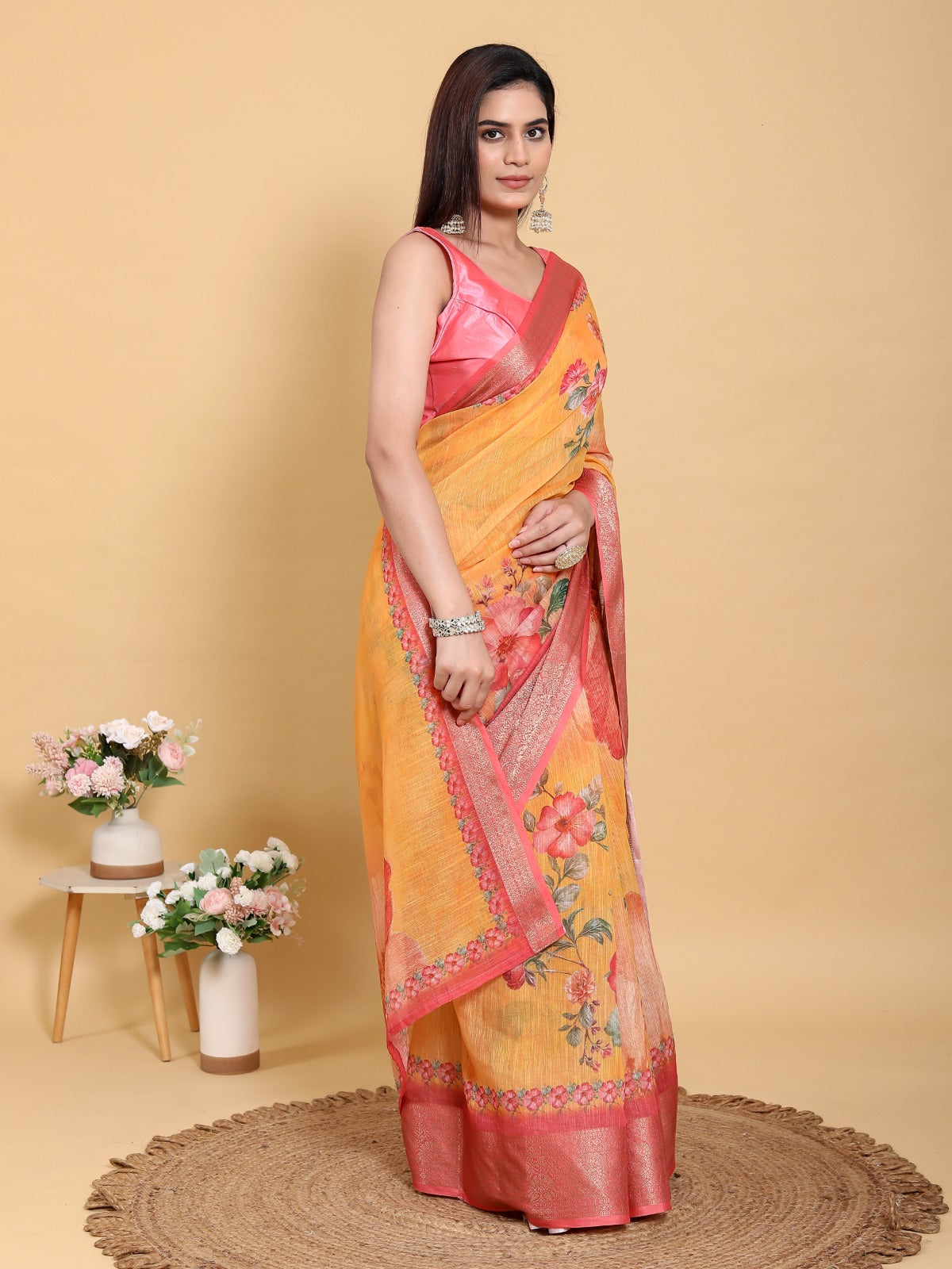 Vibrant Sunshine Yellow Floral Print Linen Cotton Saree