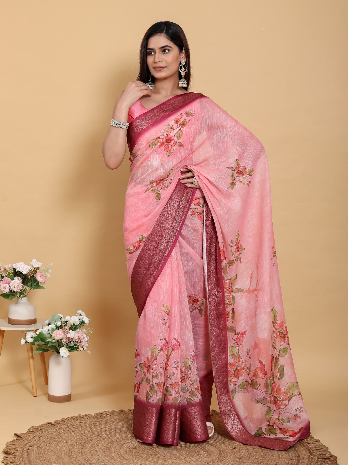 Elegant Rose Pink Floral Print Linen Cotton Saree