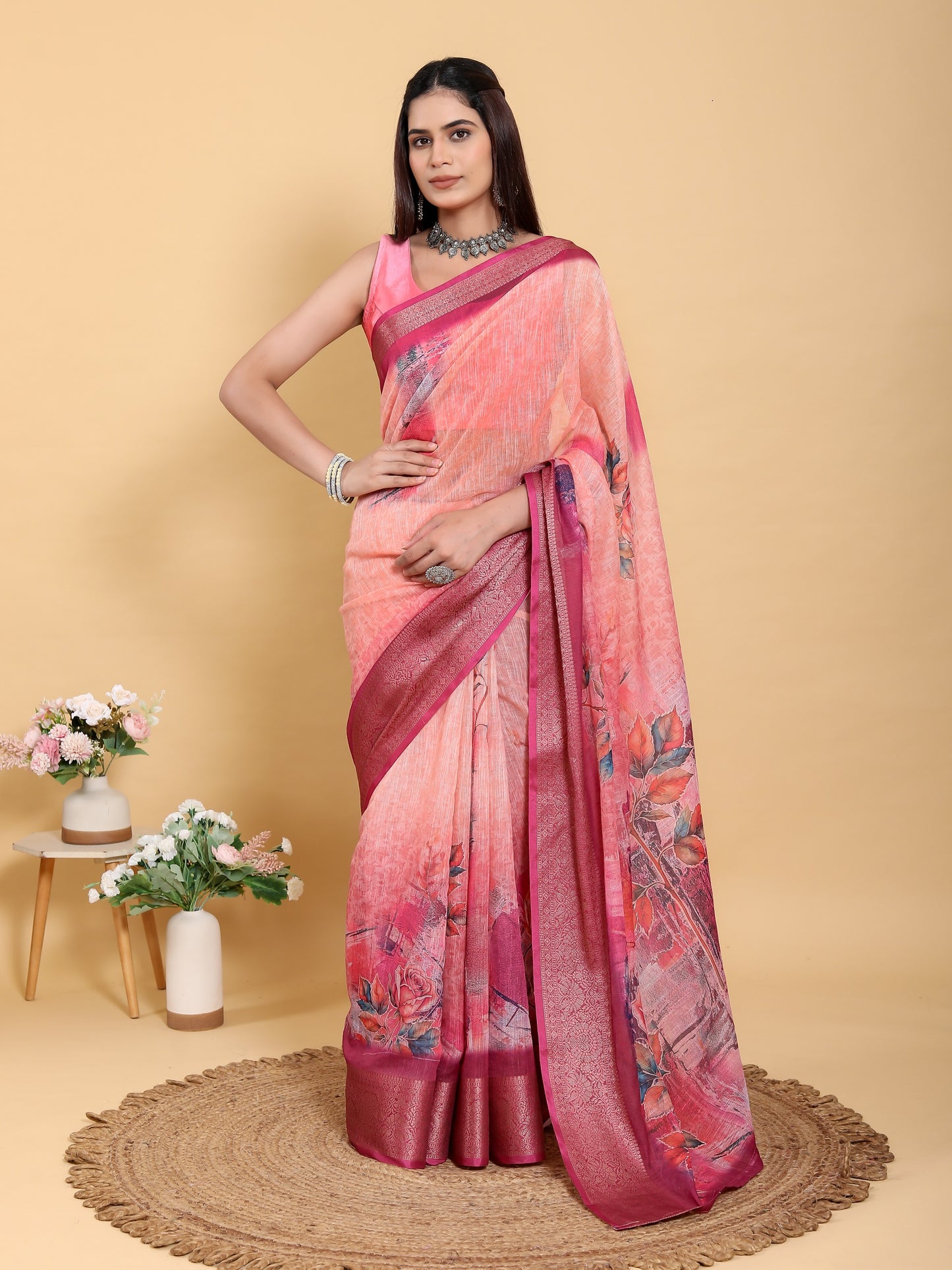 Sunset Pink Abstract Floral Print Linen Cotton Saree