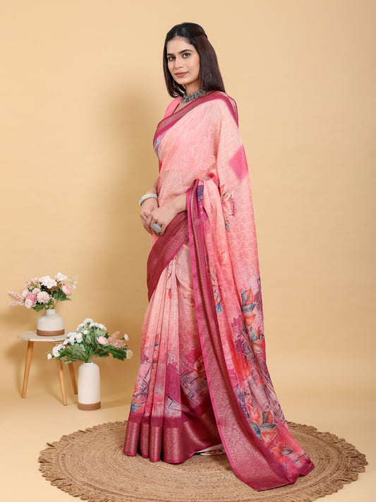 Sunset Pink Abstract Floral Print Linen Cotton Saree
