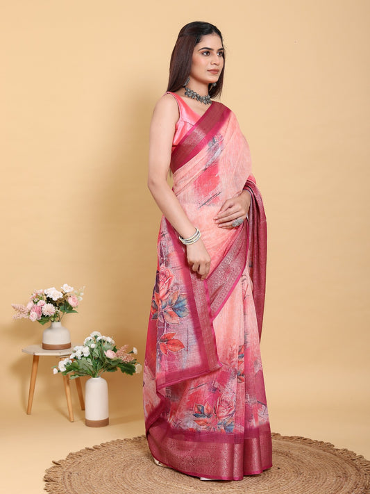 Sunset Pink Abstract Floral Print Linen Cotton Saree