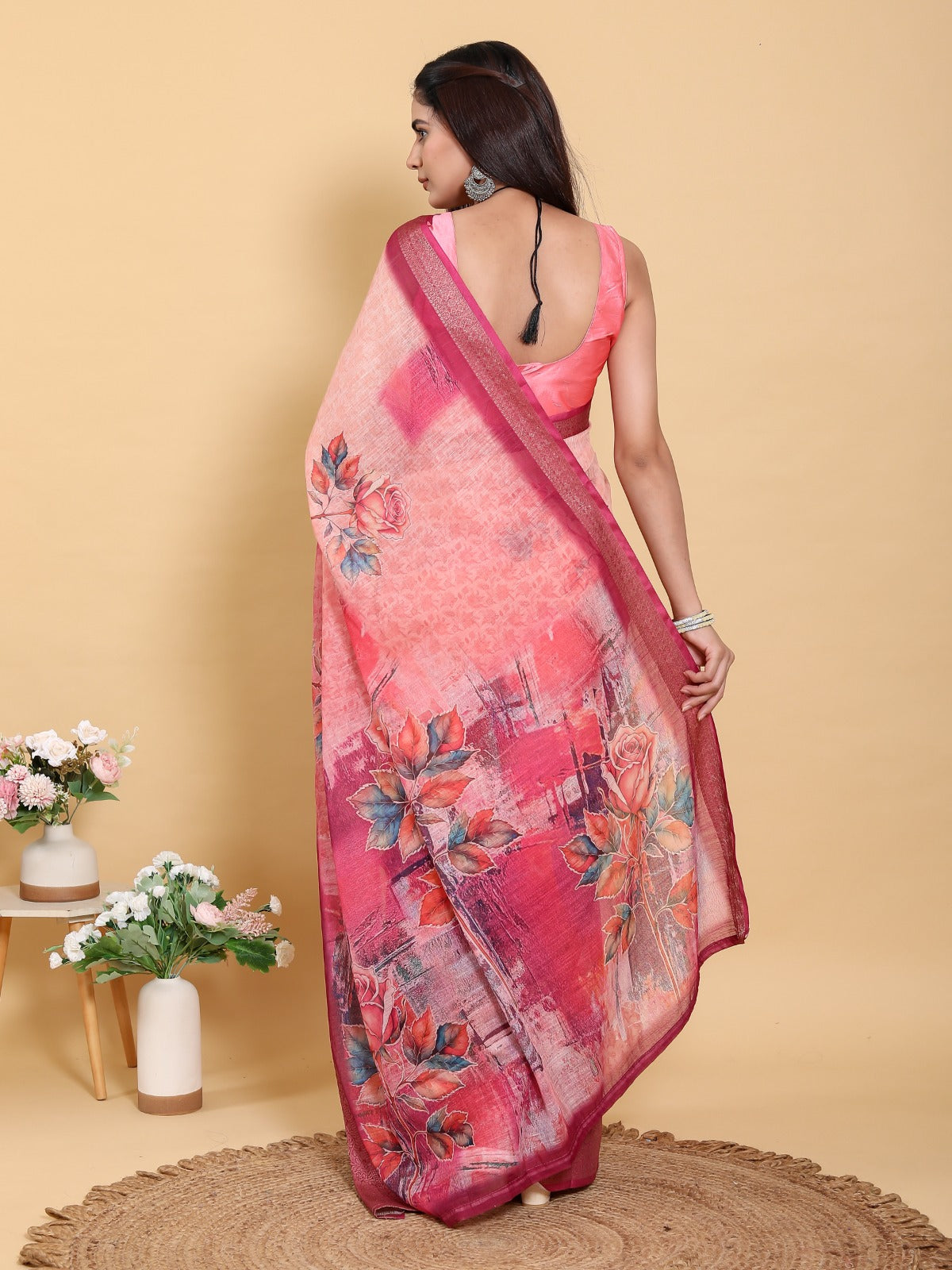Sunset Pink Abstract Floral Print Linen Cotton Saree