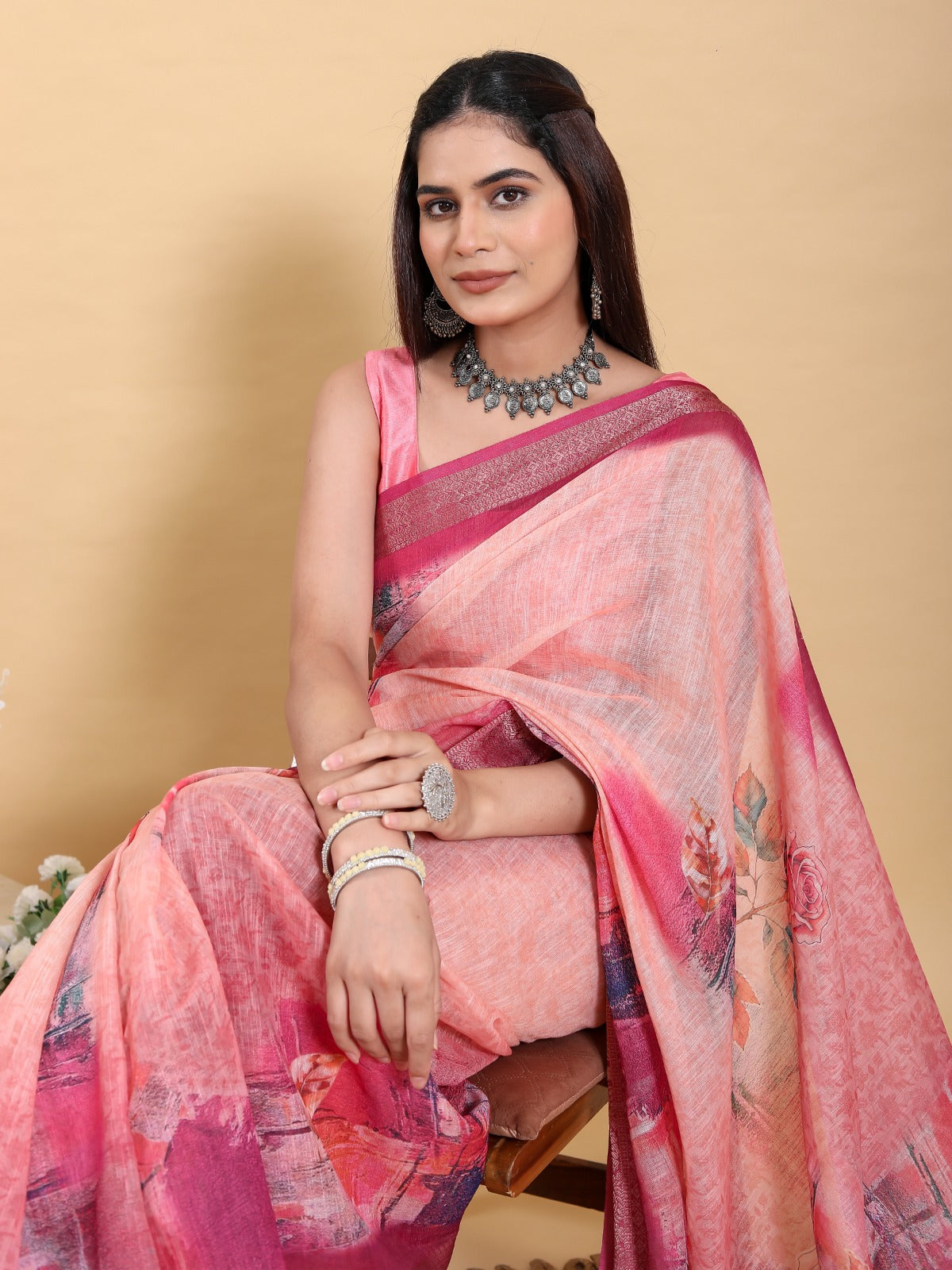 Sunset Pink Abstract Floral Print Linen Cotton Saree