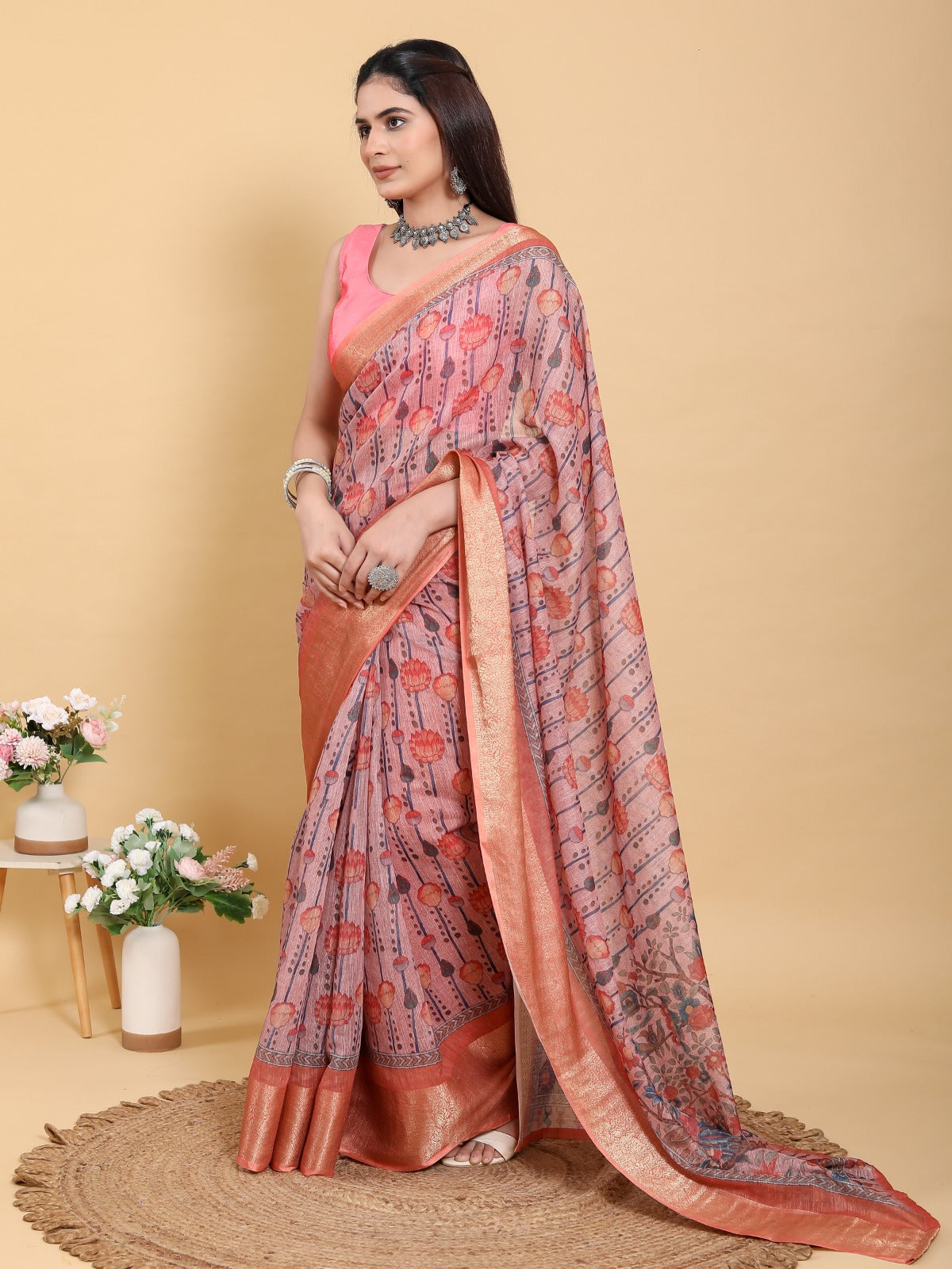 Mauve Floral Print Linen Cotton Saree