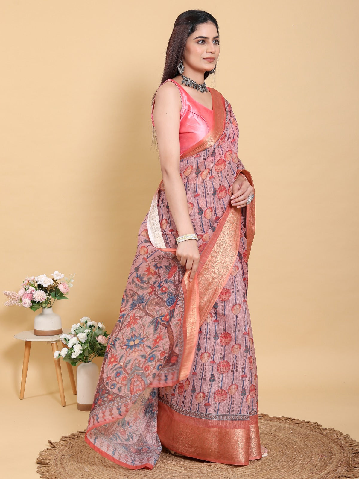 Mauve Floral Print Linen Cotton Saree