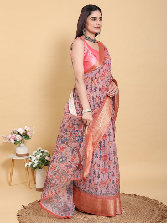 Mauve Floral Print Linen Cotton Saree