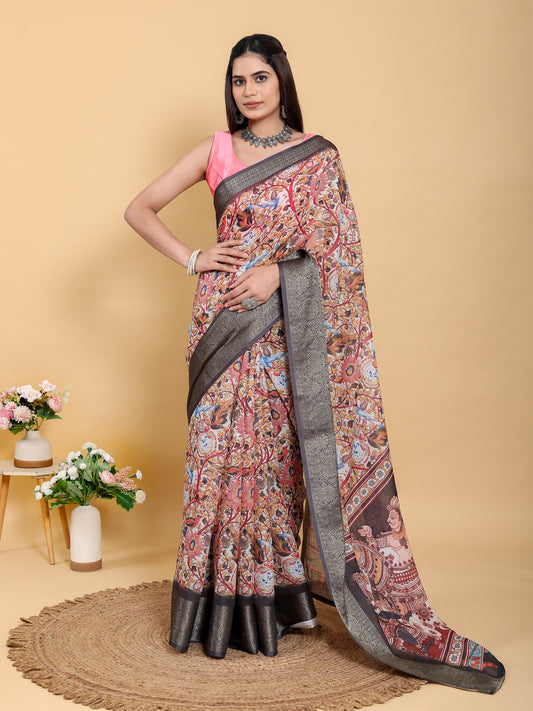 Artistic Pink Multi-Print Linen Cotton Saree