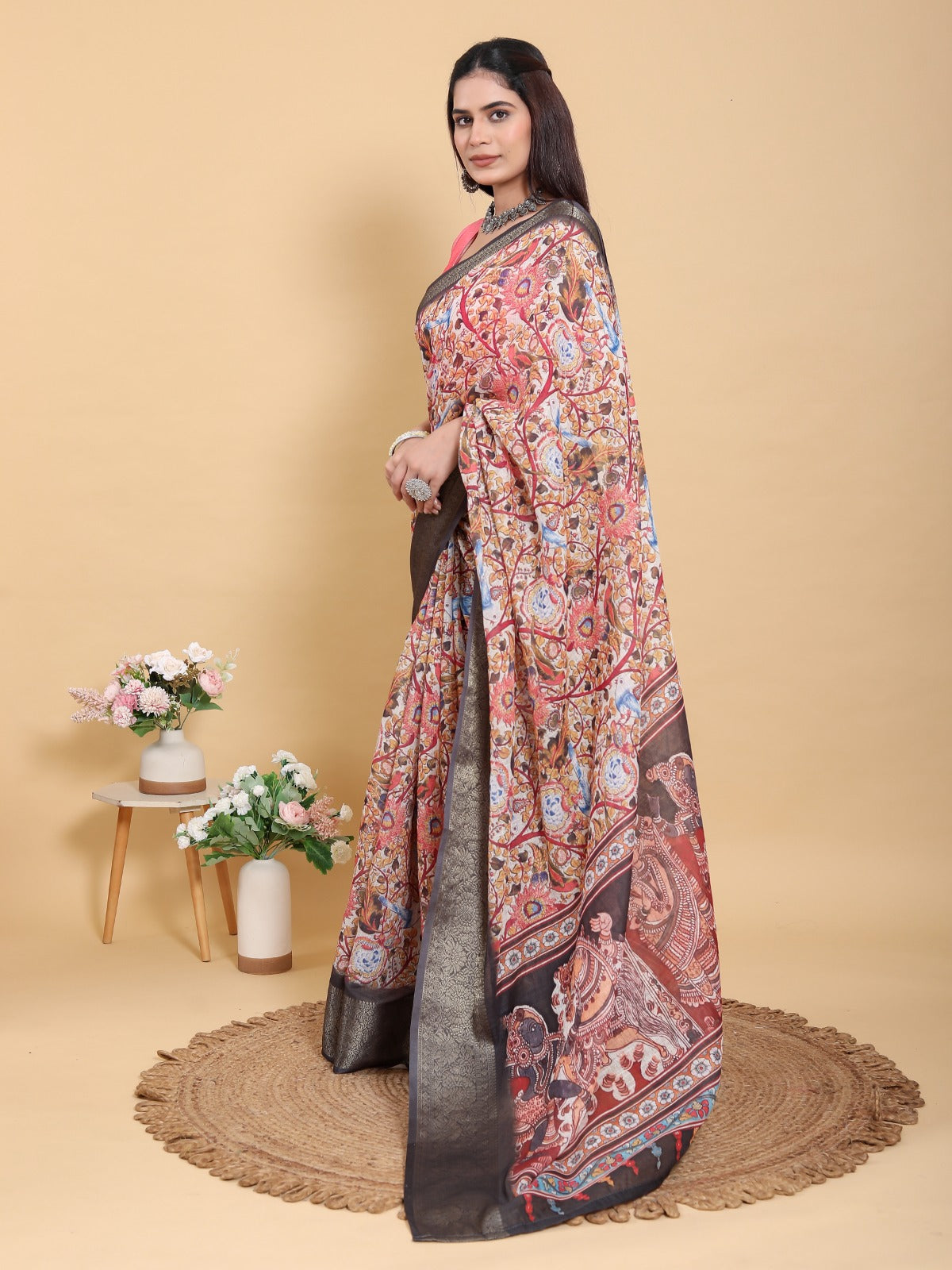 Artistic Pink Multi-Print Linen Cotton Saree