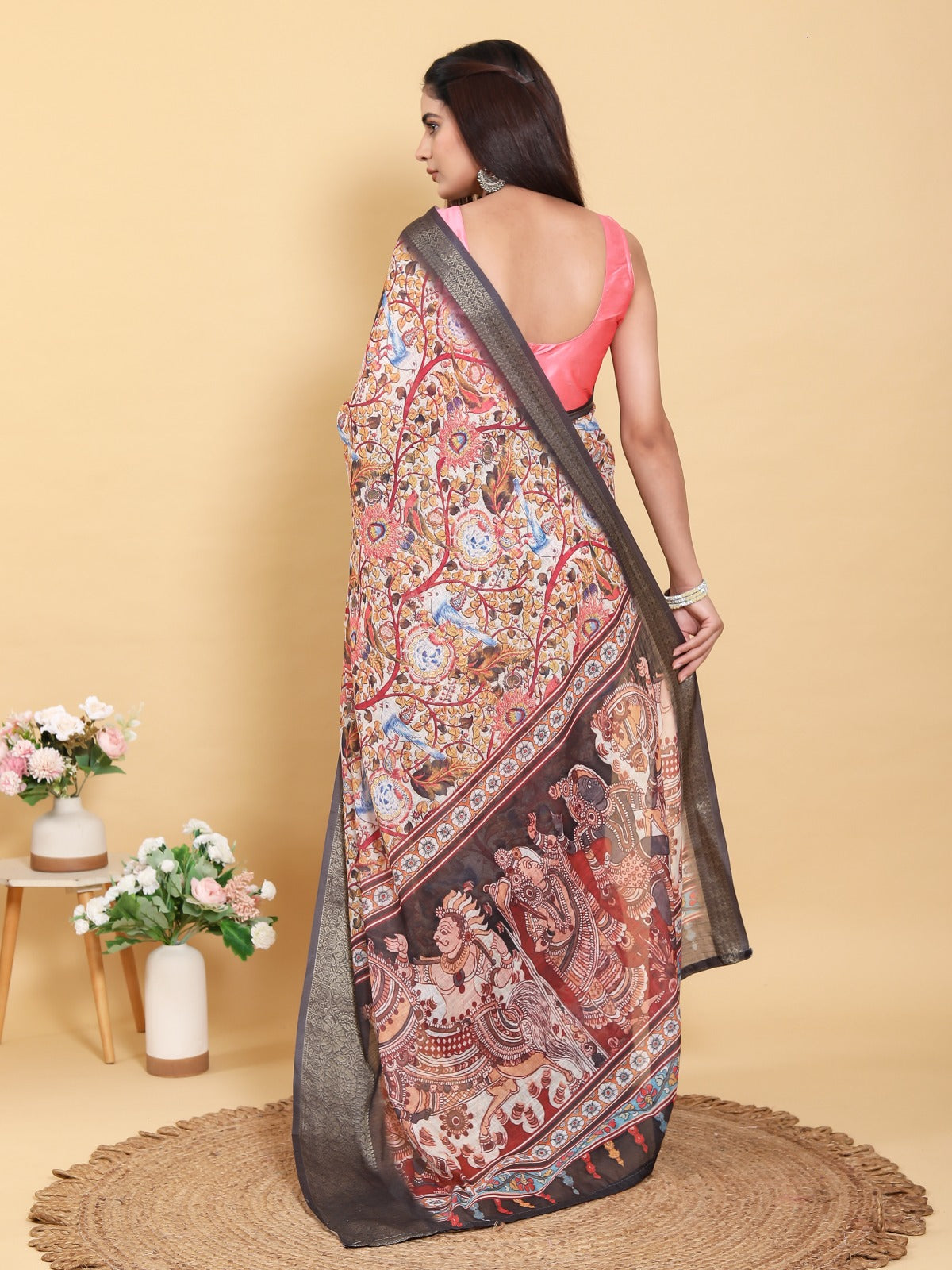 Artistic Pink Multi-Print Linen Cotton Saree