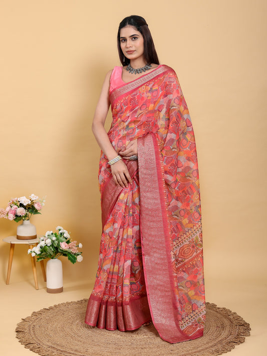 Peach Orange Floral Print Linen Cotton Saree