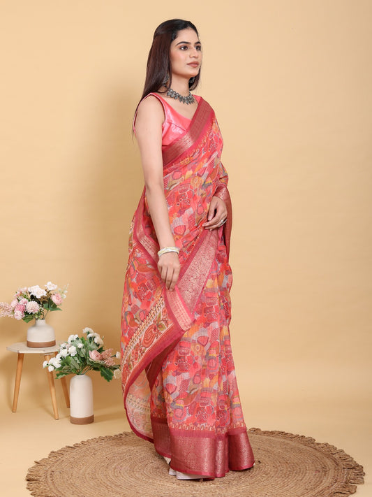 Bold Red Artistic Print Linen Cotton Saree
