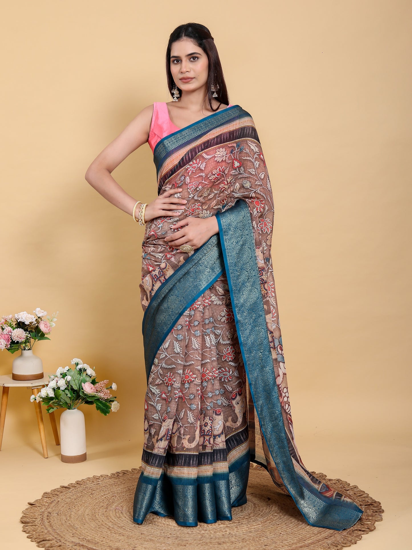 Artistic Brown & Teal Motif Linen Cotton Saree