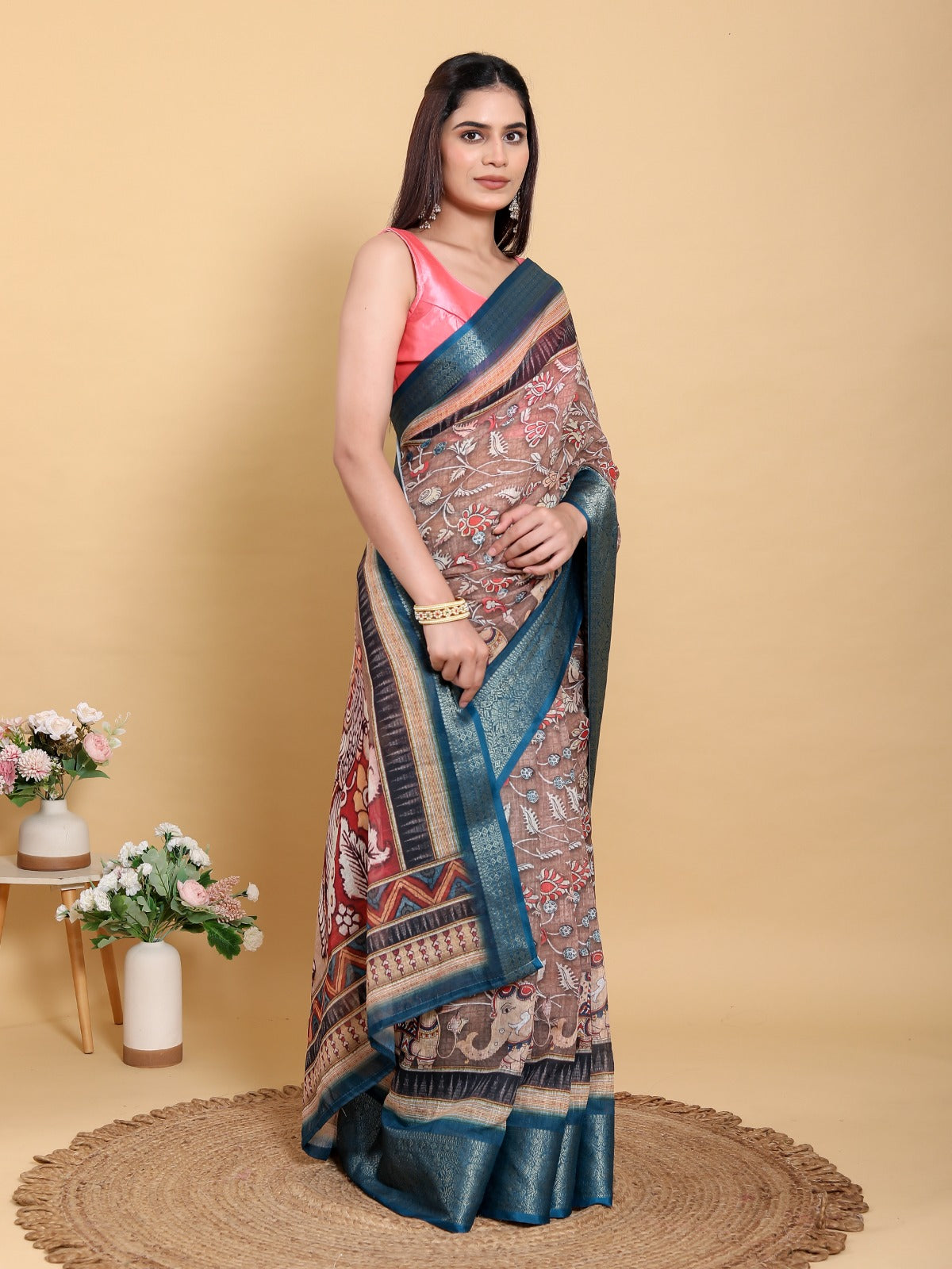 Artistic Brown & Teal Motif Linen Cotton Saree