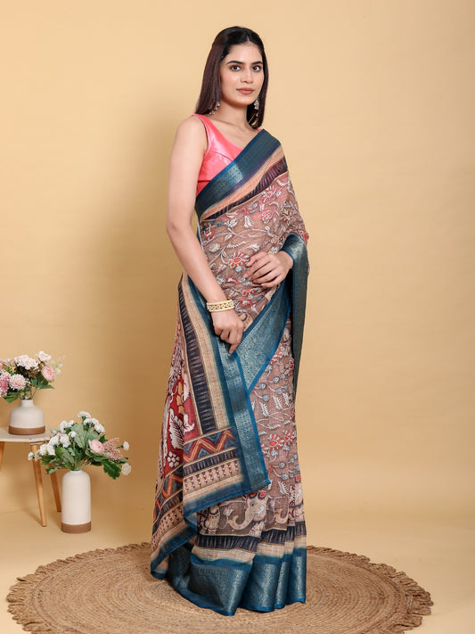 Artistic Brown & Teal Motif Linen Cotton Saree