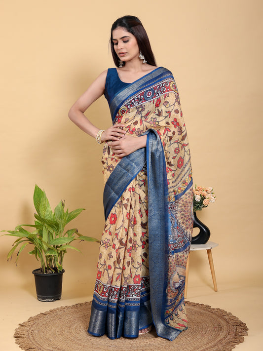 Artistic Brown & Teal Motif Linen Cotton Saree