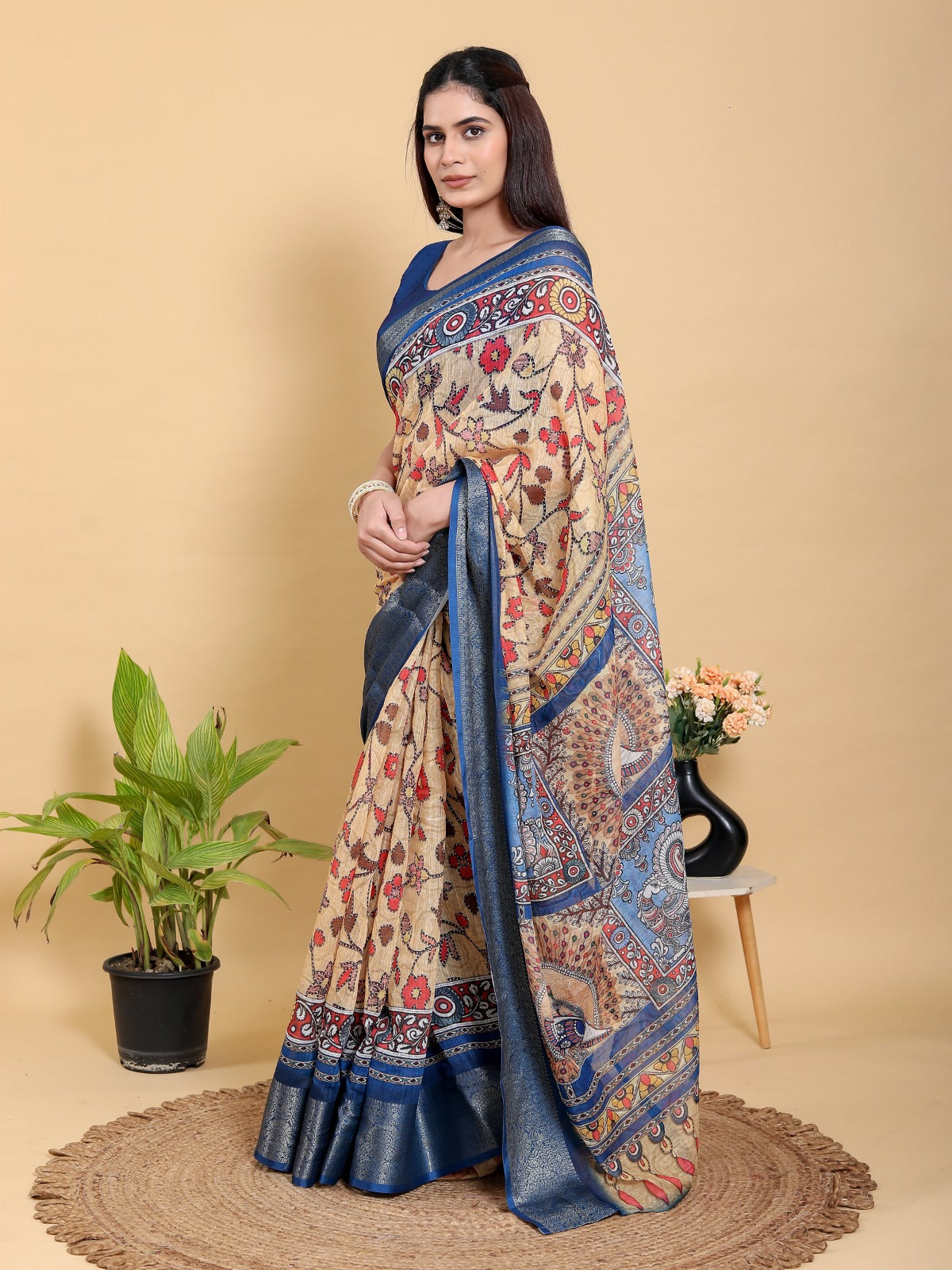 Artistic Brown & Teal Motif Linen Cotton Saree