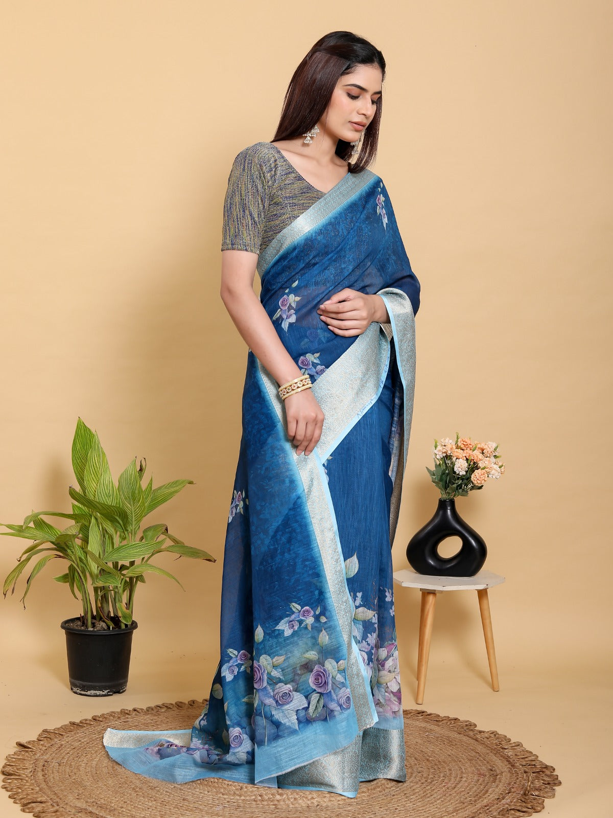 Deep Blue Floral Print Linen Cotton Saree