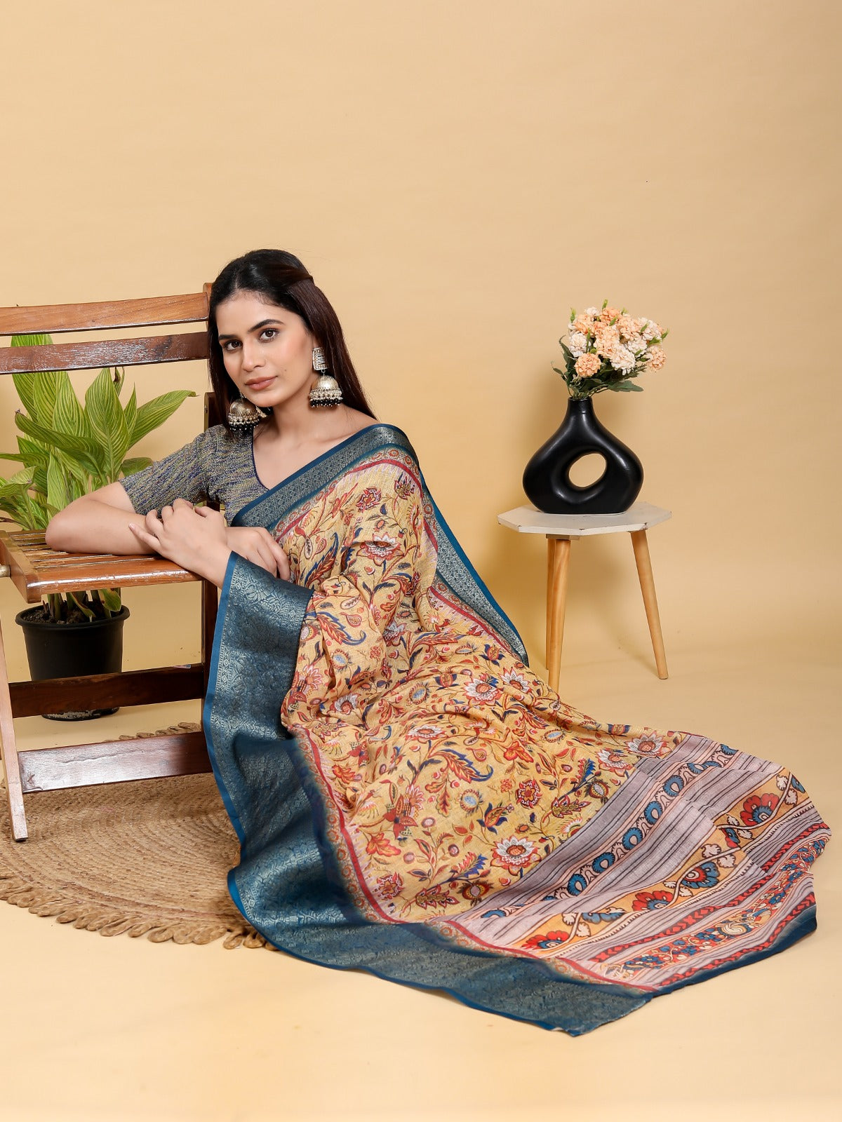 Artistic Mustard & Blue Floral Linen Cotton Saree