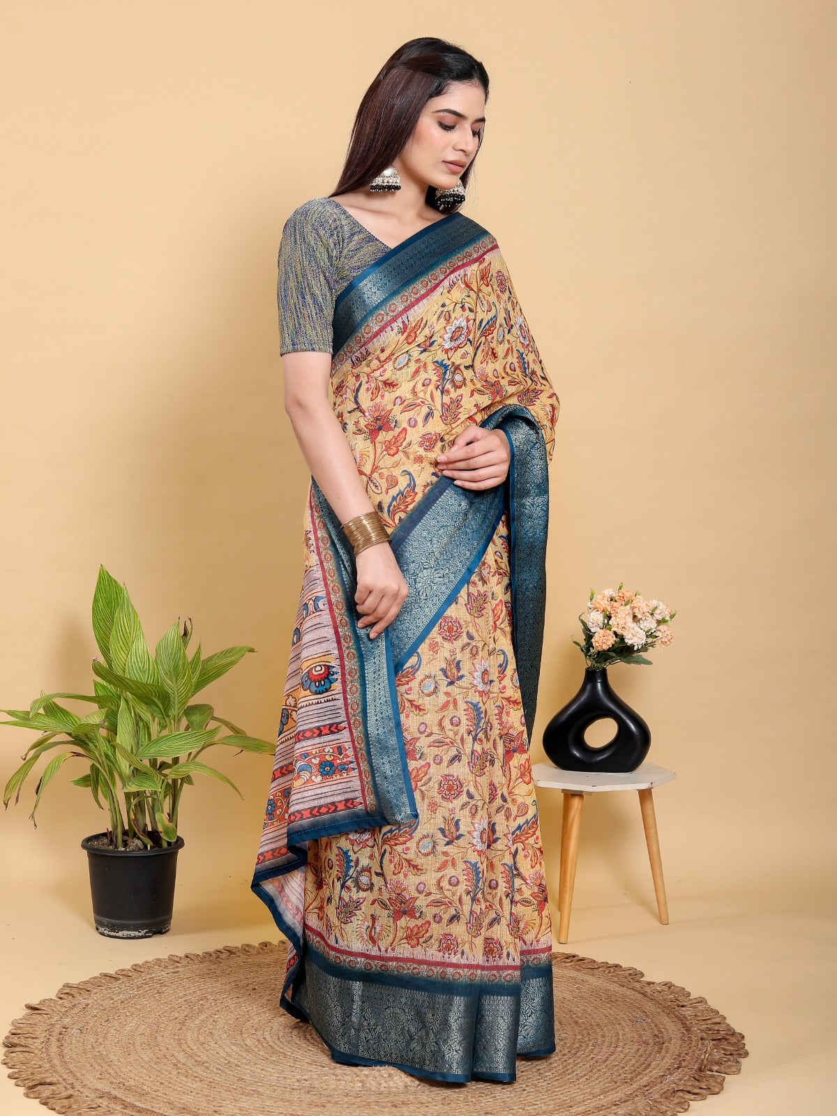 Artistic Mustard & Blue Floral Linen Cotton Saree