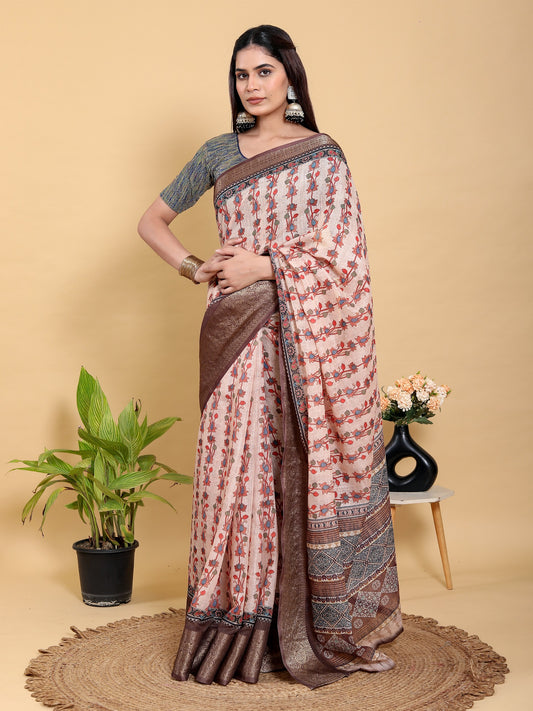 Beige Floral Print Linen Cotton Saree
