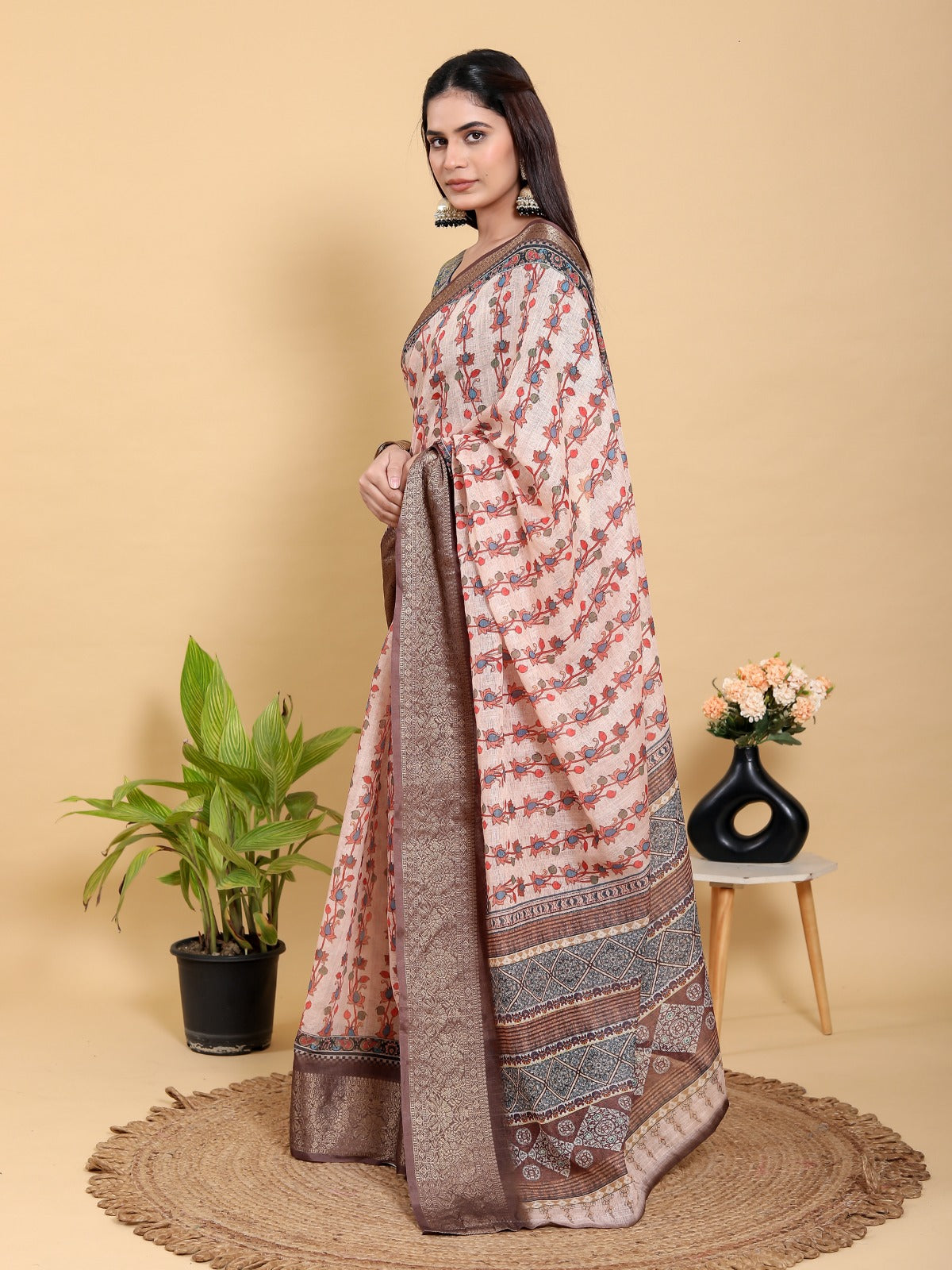Beige Floral Print Linen Cotton Saree