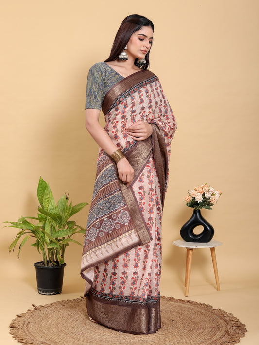 Beige Floral Print Linen Cotton Saree