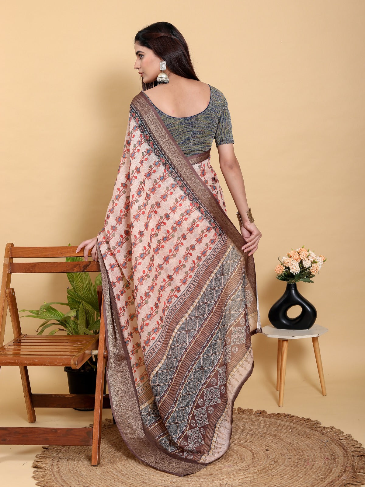 Beige Floral Print Linen Cotton Saree