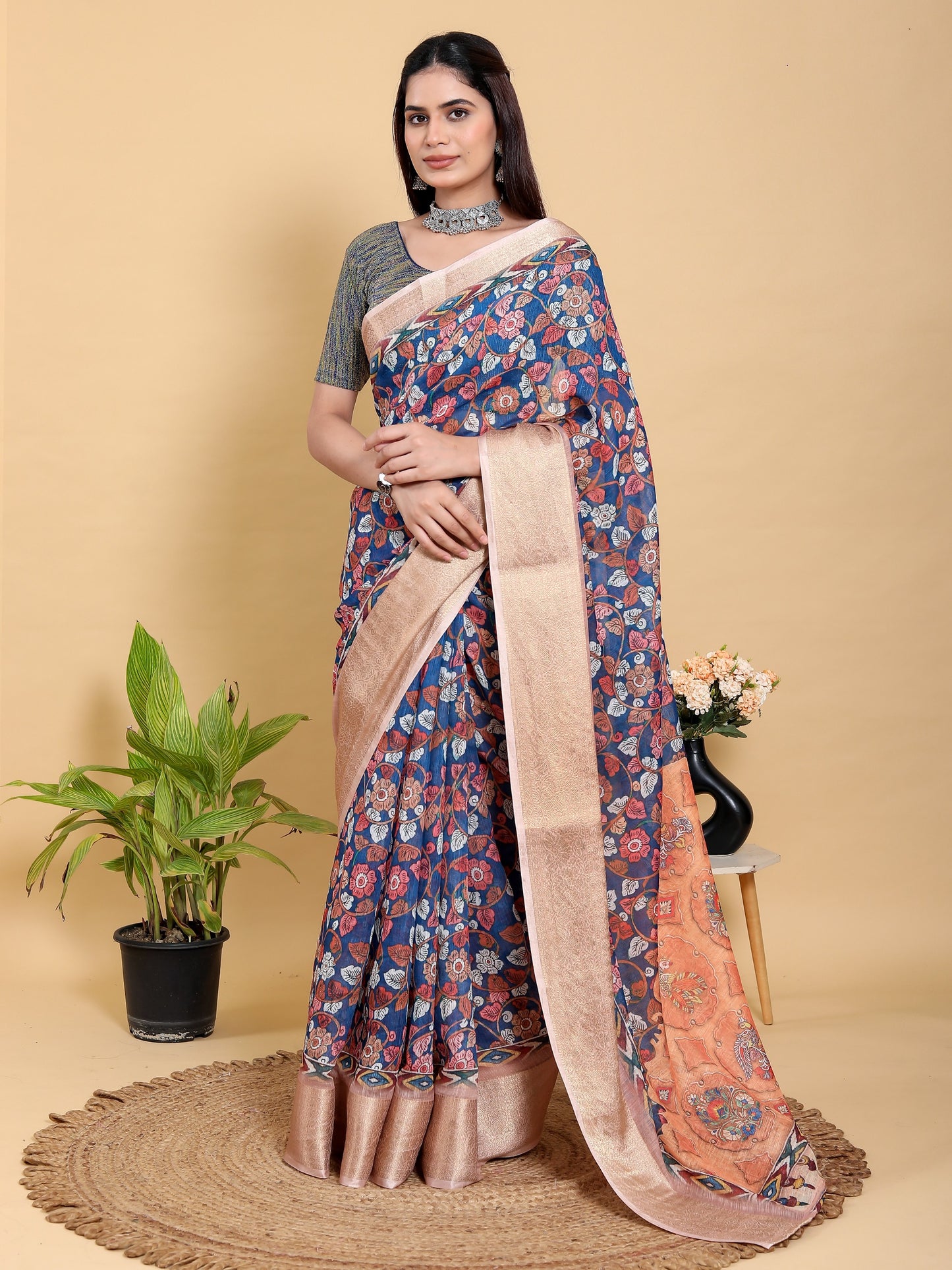 Artistic Navy & Copper Floral Linen Cotton Saree