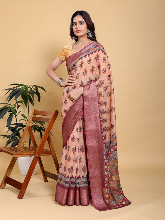 Elegant Peach/Coral Floral Print Saree with Maroon Zari Border