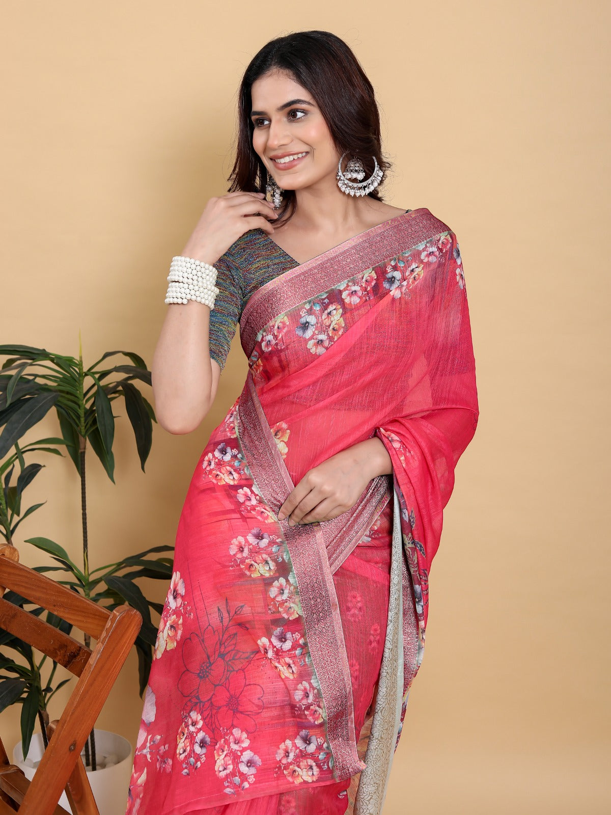Vibrant Rani Pink Floral Saree with Contrast Green Zari Border
