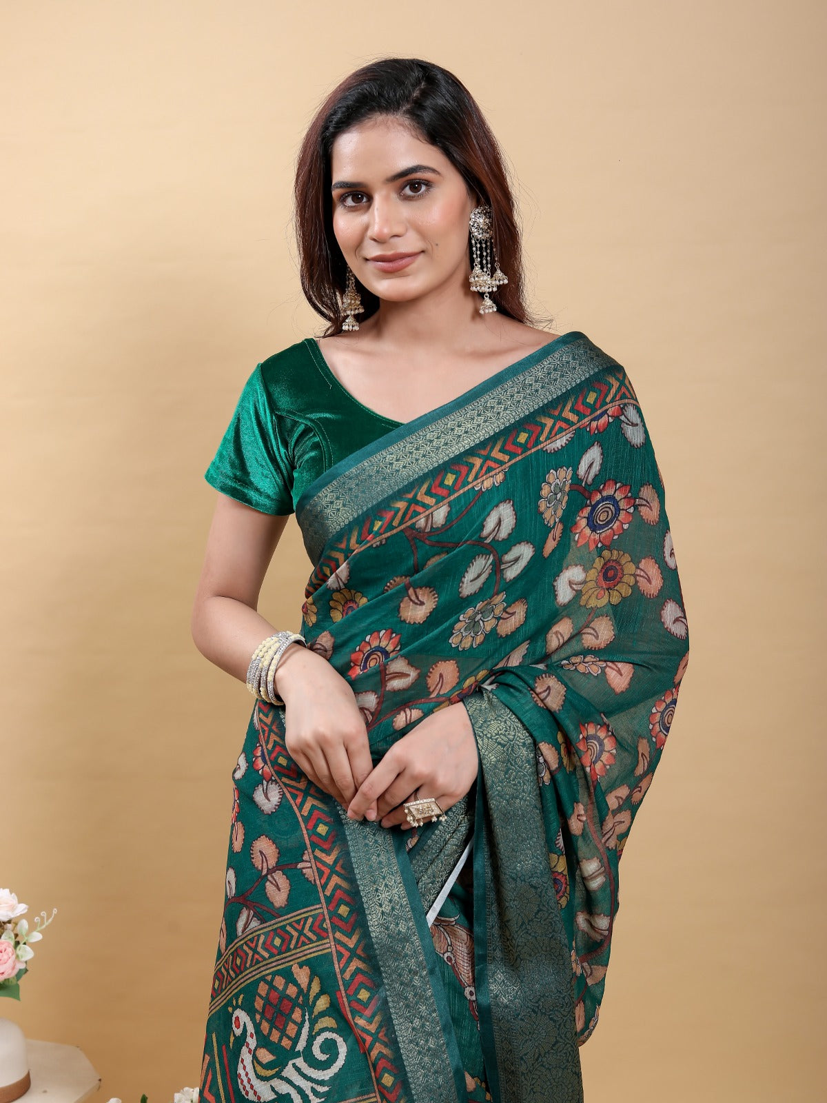 Elegant Forest Green Patola/Pochampally Print Saree with Zari Border