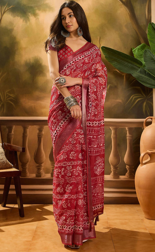 Linen Cotton - Crimson Block Saree