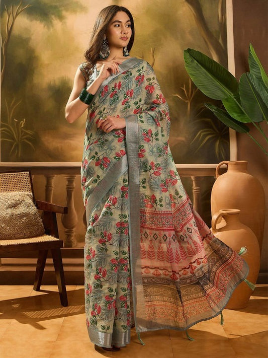 Sage Floral Ethnic Linen Cotton Saree