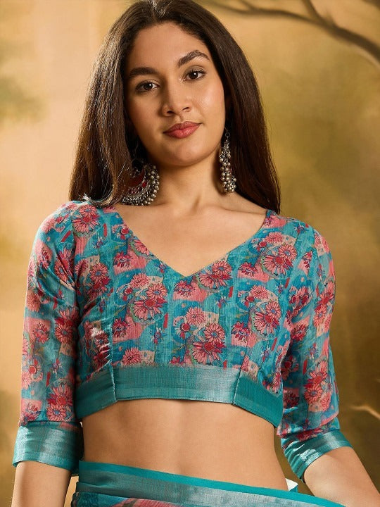 Sky Blue Floral Digital Print Sare