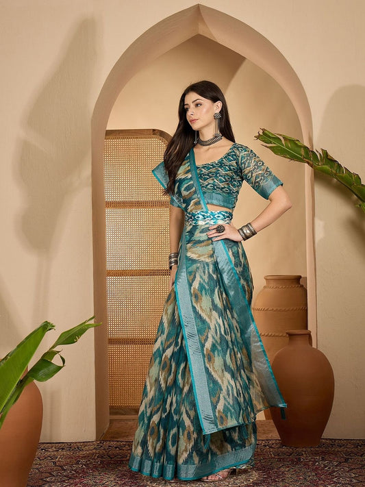 Teal Blue Abstract Linen Cotton Saree