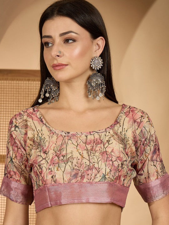 Soft Pink Floral Linen Cotton Saree