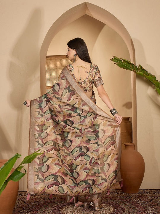 Soft Pink Floral Linen Cotton Saree