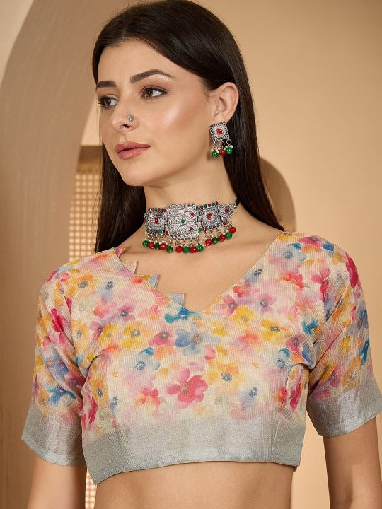 Elegant Pastel Floral Linen Cotton Saree