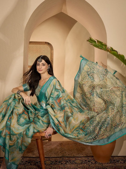 Aqua Marble Digital Print Linen Cotton Saree