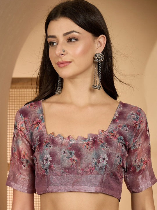 Lavender Leaf Digital Print Linen Cotton Saree