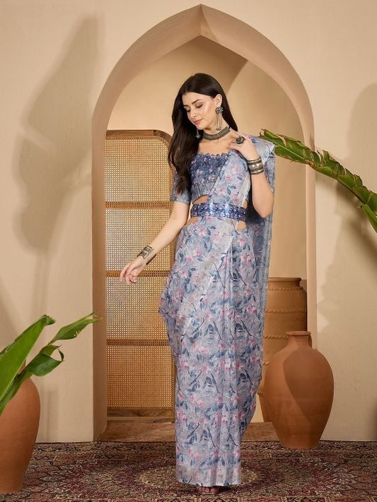 Misty Blue Floral Digital Print Linen Cotton Saree