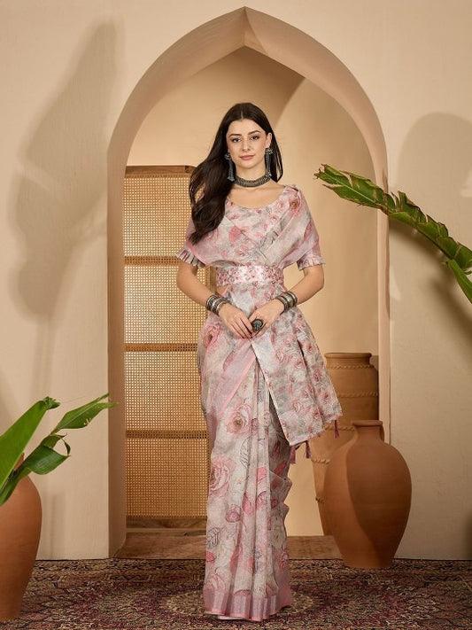 Off-white base with Pastel Pink and Grey Digital Print Linen Cotton Saree