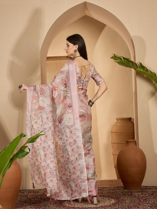 Off-white base with Pastel Pink and Grey Digital Print Linen Cotton Saree