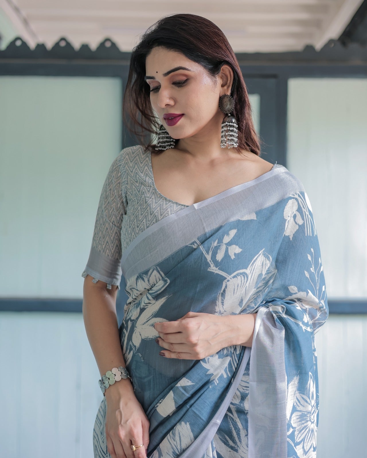 Premium Blue Floral Linen Cotton Saree