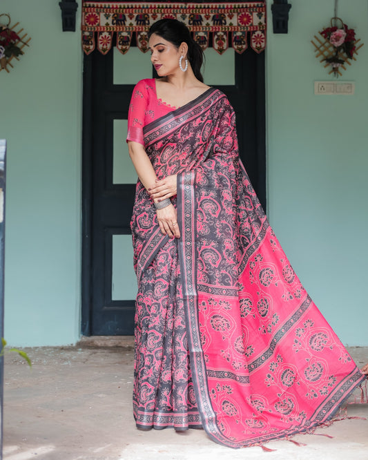 Premium Black & Pink Paisley Print Linen Cotton Saree