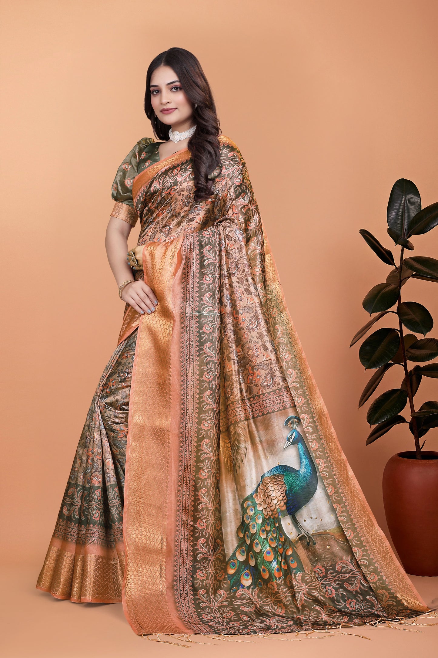 Kalamkari Printed Zari Saree