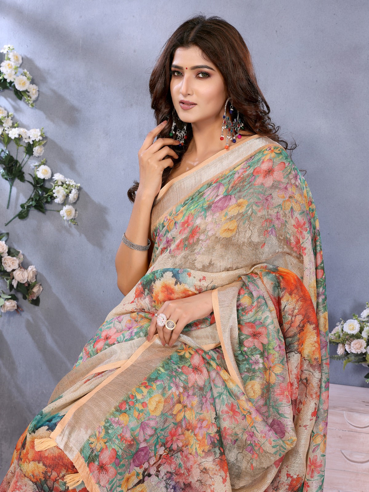 Beige Multicolor Floral Printed Saree