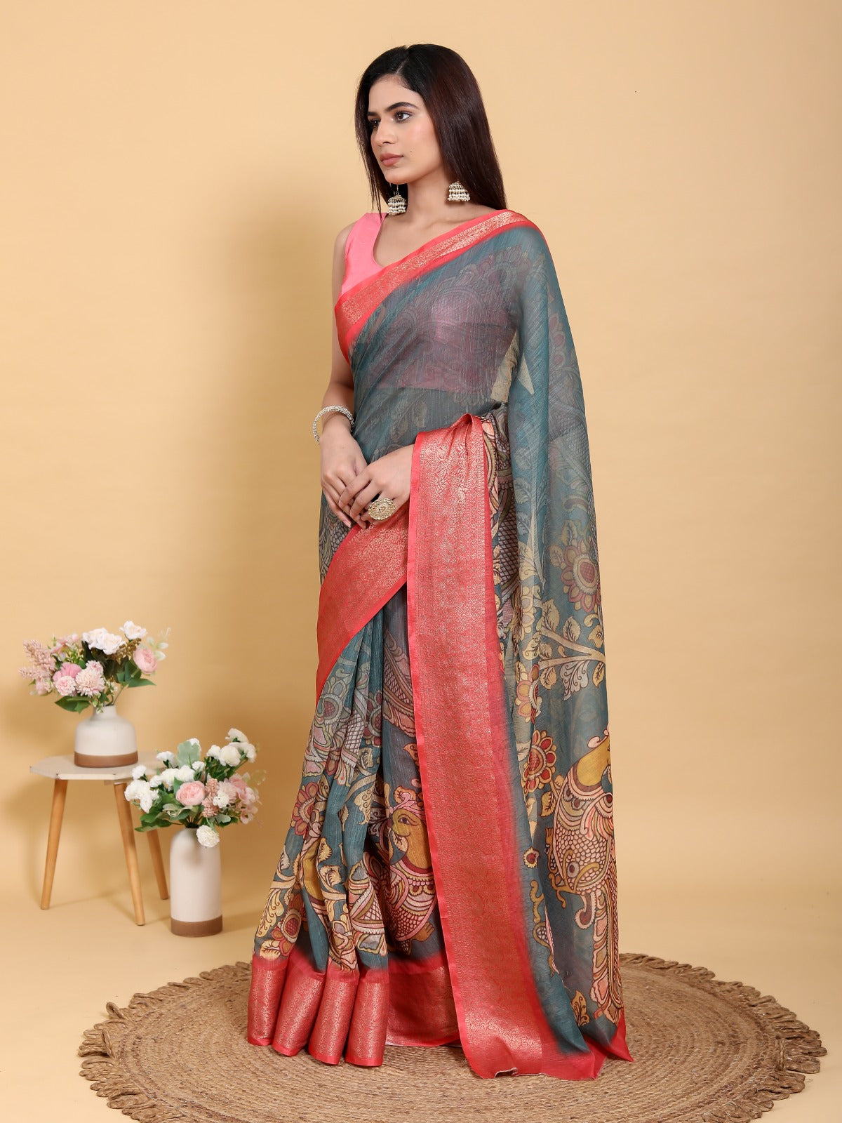 Elegant Peacock & Floral Kalamkari Design Linen Cotton Saree