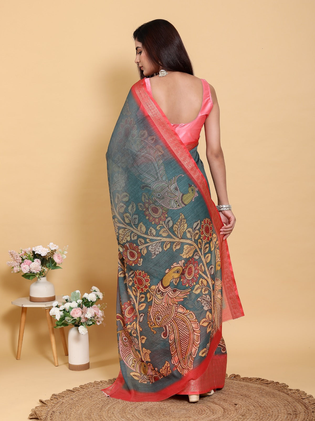Elegant Peacock & Floral Kalamkari Design Linen Cotton Saree
