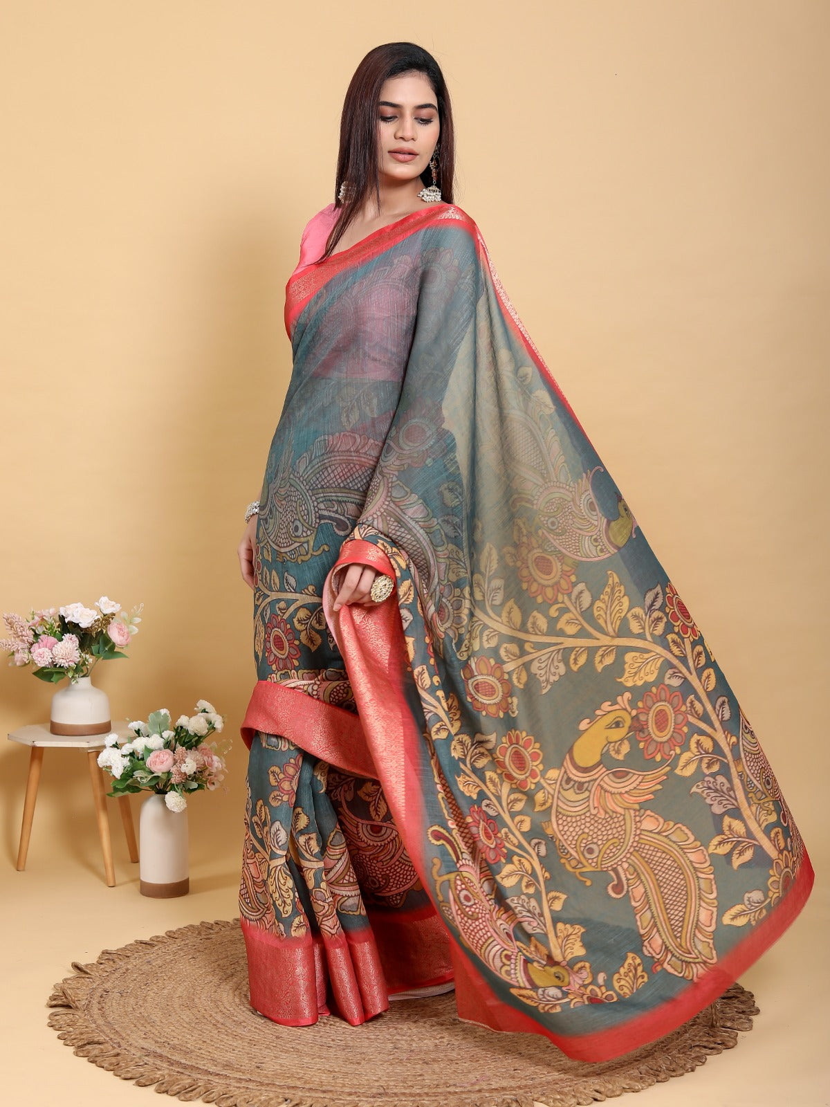 Elegant Peacock & Floral Kalamkari Design Linen Cotton Saree
